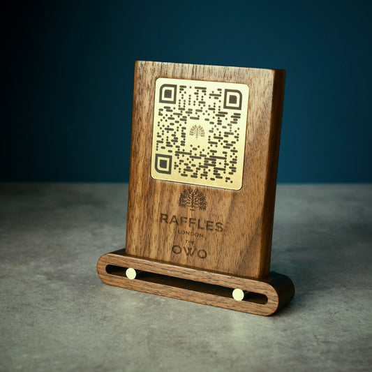 QR Code Stand Brass and Walnut – Handcrafted Display for Homes, Cafés & Events